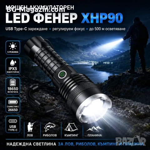 Мощен акумулаторен LED фенер прожектор XHP90 USB зареждане за лов риболов къмпинг палакта планина