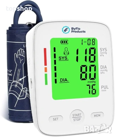 Нов автоматичен апарат за кръвно налягане ByFloProducts с цветен дисплей и маншет 22-42см  