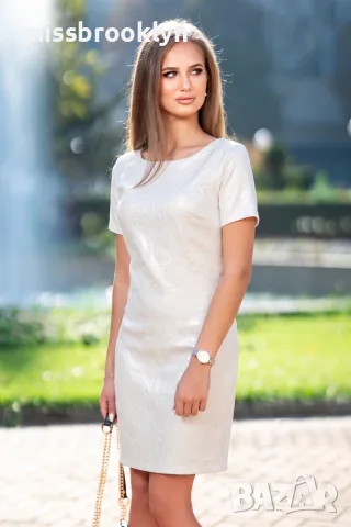 Рокля “Pearl Jacquard Elegance” – бяла жакардова рокля с перлен ефект арт.1532, снимка 3 - Рокли - 55671451