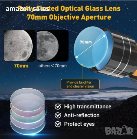 70 мм телескоп,апертура 400мм(20X-200X),астрономически,статив,адаптер телефон,дистанционно нов, снимка 5 - Обективи и филтри - 54237574