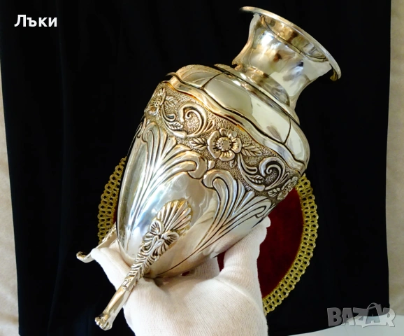 Посребрена медна ваза на крачета 870 гр.,Арт Нуво. , снимка 6 - Вази - 55188531