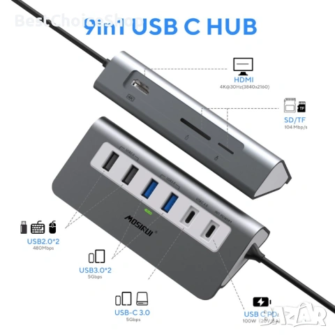 USB C Hub Многопортов адаптер, Mosirui 9-в-1 USB-C докинг станция с 4K HDMI, 5Gbps Type C 3.0