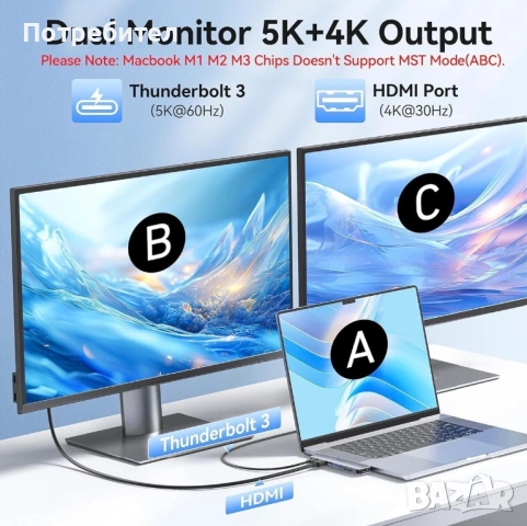 USB C Адаптер Хъб 8 в 1 HDMI 4K SD/ TF Карта MacBook  , снимка 4 - Кабели и адаптери - 54906087
