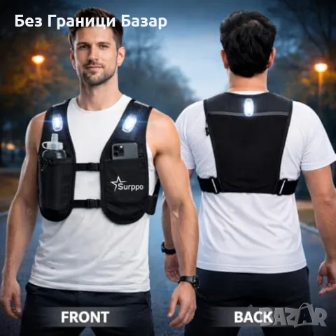 Нова хидратираща Светлоотразителна жилетка за бягане с 3 LED лампи и бутилка 500 мл, снимка 8 - Спортна екипировка - 55647026