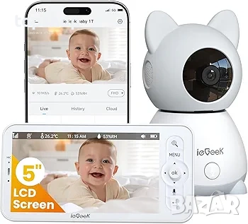 Чисто нов смарт бебефон ieGeek 2K HD – 5" дисплей + WiFi / App контрол, Нощно виждане  