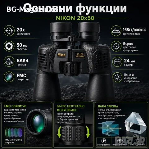 Мощен ловен бинокъл NIKON 20×50 за лов птици туризъм далечни разстояния BAK-4 призма професионален, снимка 3 - Екипировка - 50930544