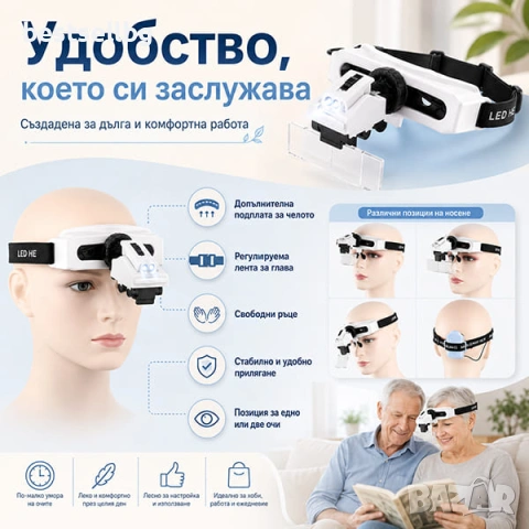 Увеличителна лупа за глава с LED осветление за четене шиене гоблени, снимка 2 - Други инструменти - 31925202