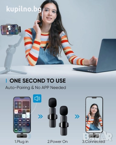 Микрофон за iOS/Android, Мини микрофон Plug & Play, Безжичен Лавалиер микрофон за YouTube/Facebook с, снимка 3 - Аксесоари за Apple - 54916118