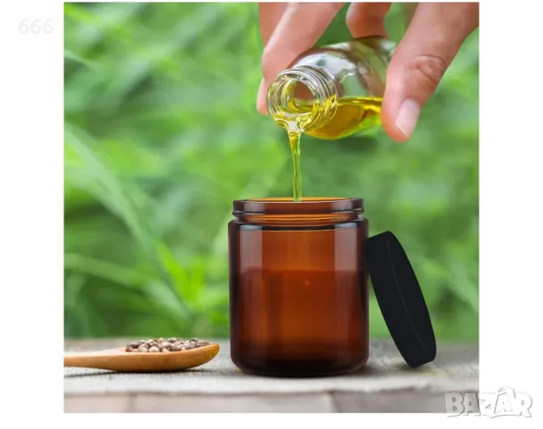 8 броя кръгли кехлибарени стъклени буркани с черни капачки 120ml, снимка 6 - Други стоки за дома - 55463421