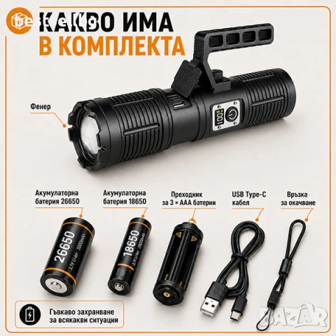Мощен далекобоен тактически прожектор акумулаторен LED ръчен фенер и къмпинг лампа за лов риболов, снимка 7 - Къмпинг осветление - 50876287