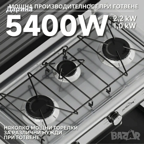Газова печка HOMELUX с 3 горелки – 5.4 kW, комплект с маркуч и регулатор, идеален за къмпинг и двор, снимка 5 - Други инструменти - 54158669