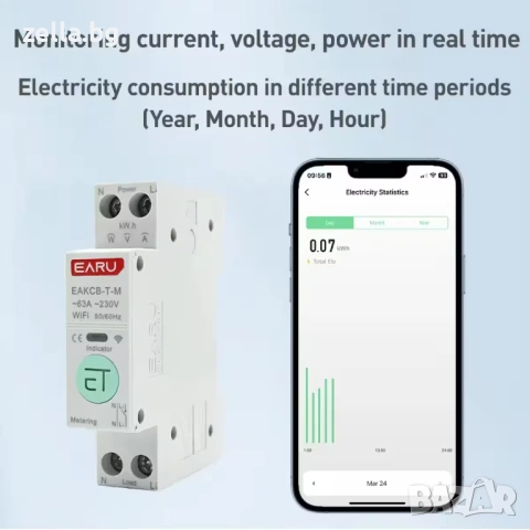 Монофазен WiFi електромер Tuya | Защита от пренапрежение 63A | Smart Home Alexa Google 10331, снимка 12 - Друга електроника - 54672320