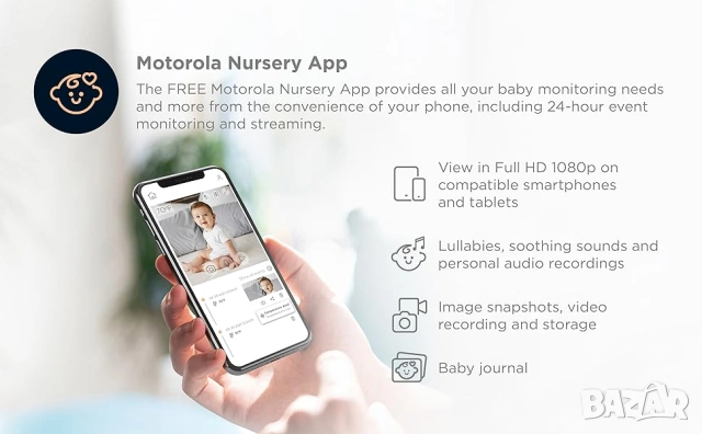 Бебешка камера Motorola Nursery PIP1000C HD WiFi Baby Monitor - НОВА, снимка 2 - Бебефони - 54683751