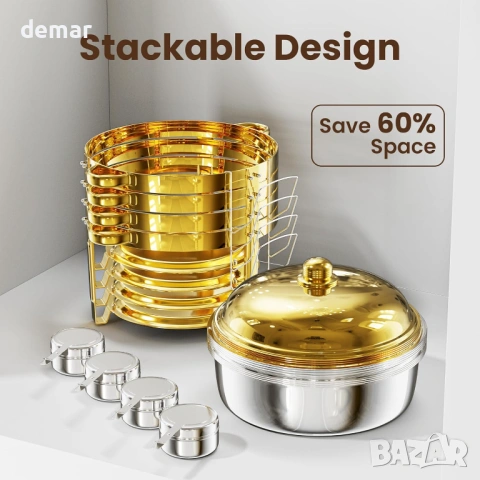 Комплект за бюфет WARMOUNTS 6L Gold Chafing Dish, 2 броя, кръгли затоплящи чинии с капак, снимка 4 - Сервизи - 54327891