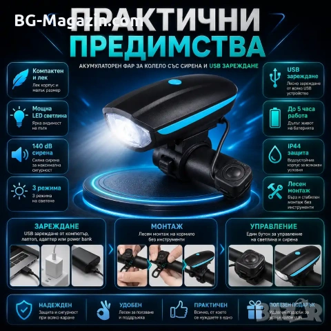 LED акумулаторен фар за колело звънец сирена лед фенер велосипед USB зареждае предни светлини, снимка 4 - Аксесоари за велосипеди - 50963074