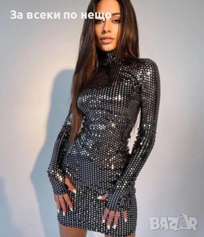 Дамска Черна Секси Елегантна Рокля С Бляскави Пайети И Висока Яка Код Верона34, снимка 2 - Рокли - 54003602