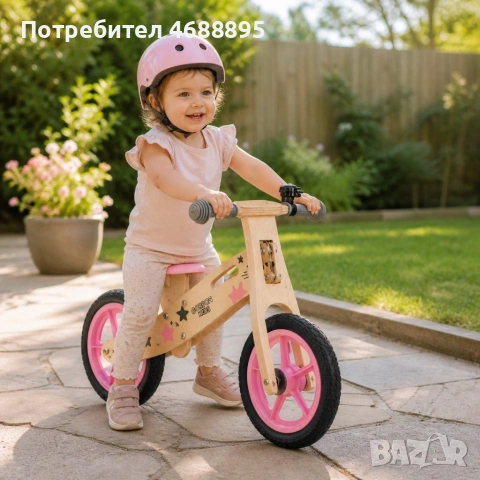 Дървено баланс колело 12" – Розово, с мека седалка, чанта и звънец, снимка 4 - Други - 54439373