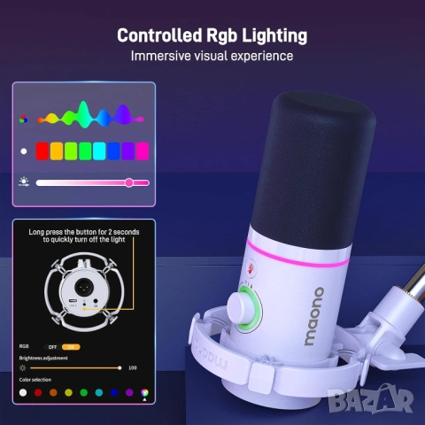 Микрофон RGB комплект с стойка за стрийминг MAONO PD200XS USB/XLR - ЧИСТО НОВ, снимка 12 - Микрофони - 54102731