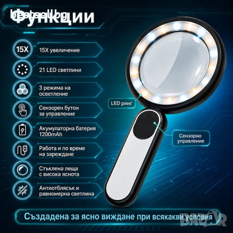 Увеличителна ръчна лупа лед осветление голямо увеличение 15X за четене, снимка 2 - Други инструменти - 37213923
