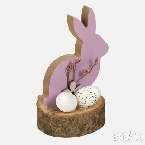 Великденска дървена декорация – лилав заек с сухи цветя и яйца, 7x2x10 см._1233636, снимка 3 - Декорация за дома - 54224748