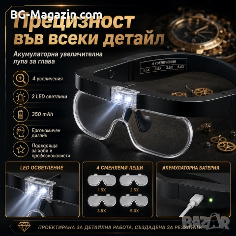 Акумулаторна увеличителна лупа за глава LED осветление очила за четене гоблени бродерия шиене мощна, снимка 9 - Други инструменти - 50919331