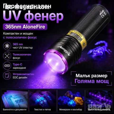 Професионален мощен ръчен ув фенер 365nm UV за камъни фалшиви пари печати акумулаторен USB zoom