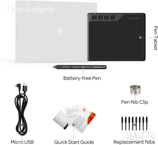 GAOMON S620 Pen Tablet с безбатерийна писалка, 8192 нива на натиск, 4 програмируеми бутона, снимка 8 - Таблети - 55296298