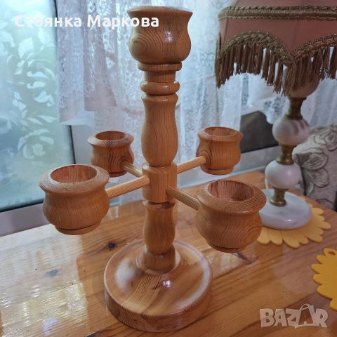 Нов голям дървен свещник за 5 свещи, снимка 2 - Декорация за дома - 55206707