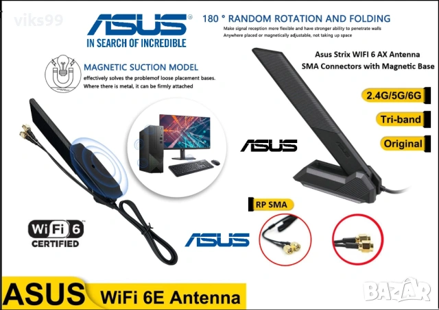 ASUS WiFi 6E антена, 2.4G/5G/6G, кабел 80 см.