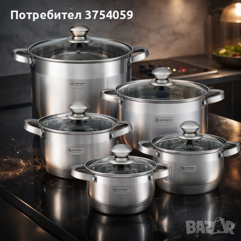 Комплект тенджери от неръждаема стомана , 10 части, Индукция, Многослойно дъно, Капаци от закалено , снимка 5 - Съдове за готвене - 55178971