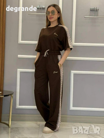 🎀Дамски Комплект Guess в Бяло и Кафяво Лого Бродерия, снимка 2 - Комплекти - 54077411