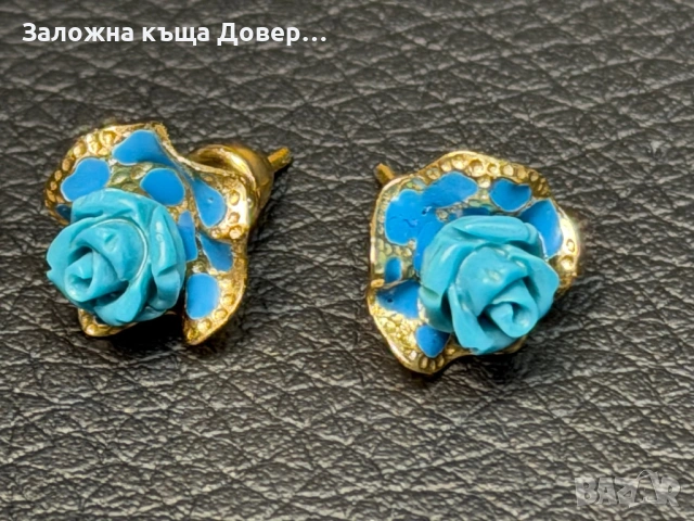 Златни обеци рози син тюркоаз  14 карата 585 zlatni obeci zlaten gold, снимка 4 - Обеци - 54240191