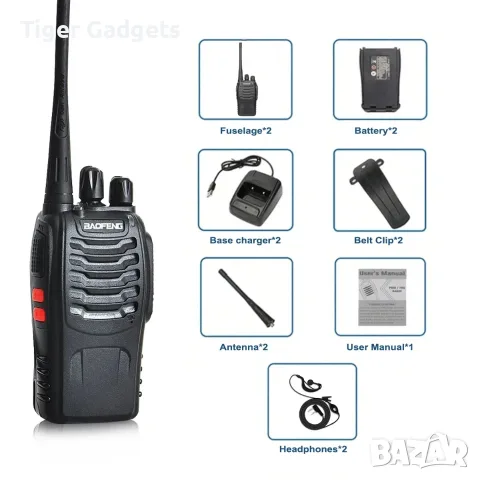 Комплект 2 бр. Baofeng BF-88E PMR446 радиостанции с USB зарядни и слушалки, снимка 7 - Друга електроника - 55573558