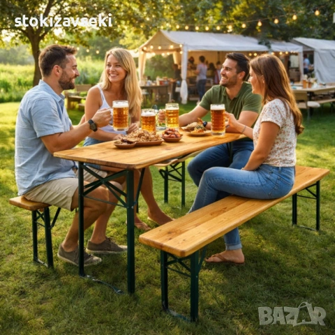 Сгъваем комплект градинска маса с 2 пейки - От чамово дърво, снимка 3 - Градински мебели, декорация  - 54049517