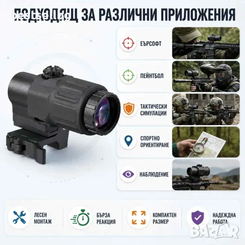 Тактически увеличител за прицел 3x увеличение STS бърз монтаж Weaver база пикатини 20mm за лов пушка, снимка 7 - Оборудване и аксесоари за оръжия - 54109940