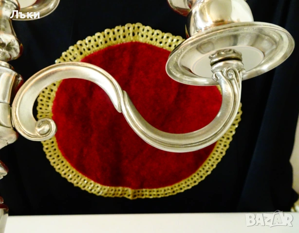 Посребрен троен свещник,чиста мед,35 см.,1.1 кг. , снимка 5 - Антикварни и старинни предмети - 54101805