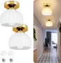Комплект 2 LED таванни лампи със златист керамичен дизайн, стъклен абажур тип купол и LED крушки, снимка 1