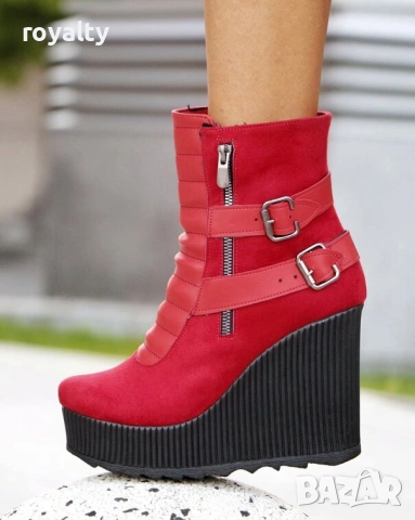 Боти на платформа - червен велур, снимка 3 - Дамски боти - 54160065