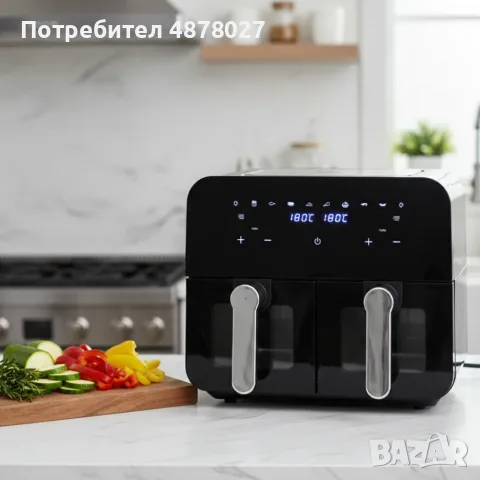 Двоен фритюрник с горещ въздух Cheffinger 9 л  с дигитален дисплей, стъклен прозорец и 360° циркулац, снимка 2 - Фритюрници - 55687983