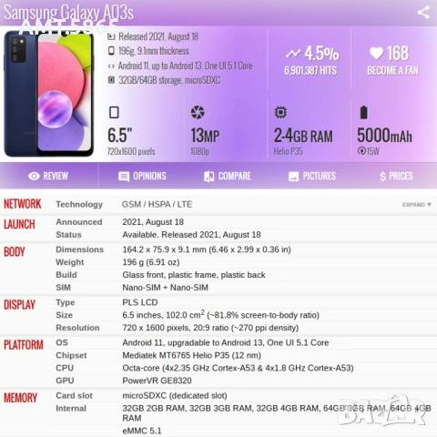 Смартфон Samsung Galaxy A03s, снимка 11 - Samsung - 54726209