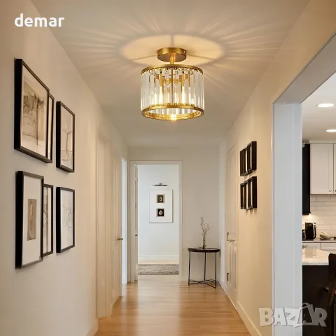 Полилей/плафон за таван с кристални призми и метална основа, E27 (110–220V), снимка 6 - Лампи за таван - 55661396