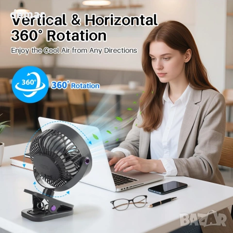 Преносим вентилатор с LED дисплей и здрава щипка, 360°, 5 скорости, сив, снимка 3 - Вентилатори - 53984207