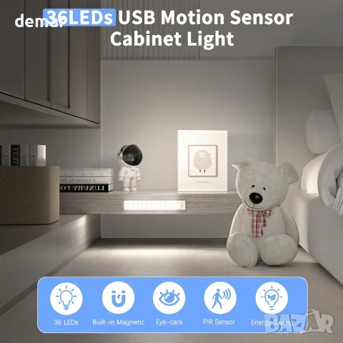 Комплект 3 броя LED USB лампи за гардероб със сензор за движение и магнитно закрепване, снимка 4 - Лед осветление - 55603288