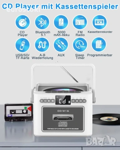 Преносим CD плейър Greadio CD-W16, Boombox касетофон с FM радио, Bluetooth 5.1, батерия 5000 mAh, снимка 4 - MP3 и MP4 плеъри - 54980675