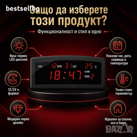Електронен постоянно светещ в тъмното часовник термометър големи цифри, снимка 2 - Други - 40179810