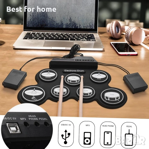 Цифров комплект електронни барабани, USB ръчен, силиконов барабанен комплект, компактен размер, снимка 3 - Ударни инструменти - 54987615