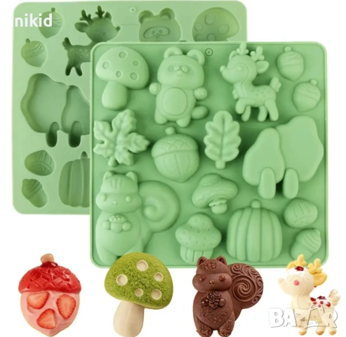 гъба елен катерица жълъд тиква листо дърво мече горски силиконов молд форма фондан шоколад гипс 