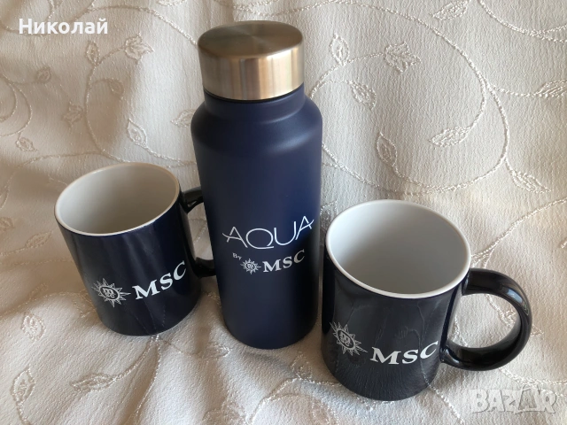 Алуминиева бутилка за вода AQUA by MSC Cruises и 2 бр. оригинални сувенирни чаши MSC Cruises, снимка 5 - Колекции - 55248946