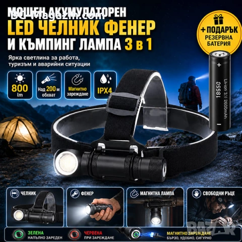 Акумулаторен LED челник за глава фенер и къмпинг лампа с магнит риболов туризъм палатка планинарство