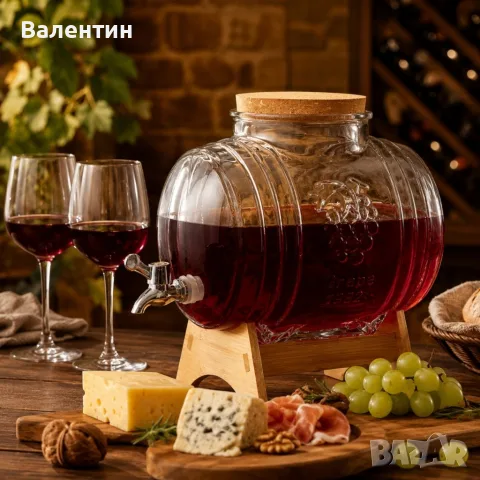 Стъклено буре 5 литра, с кранче и дървена поставка за вино, ракия и домашни напитки, снимка 2 - Бидони, бурета и бъчви - 55453779